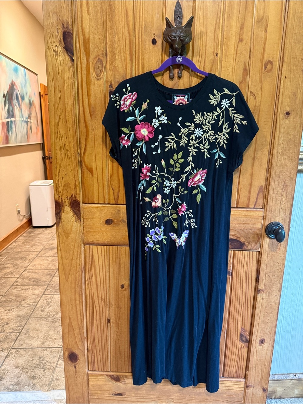 Johnny Was Black Midi Dress with Multicolor Floral Embroidery